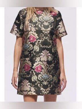 HERMOZA Floral Brocade Mini Shift Dress in Black with Pink Gold Accents $168